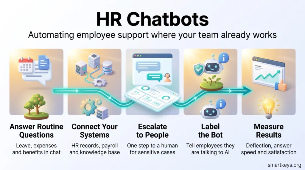 HR chatbots infographic with five steps: answer routine questions, connect HR systems, escalate to people, label the bot as AI and measure results.