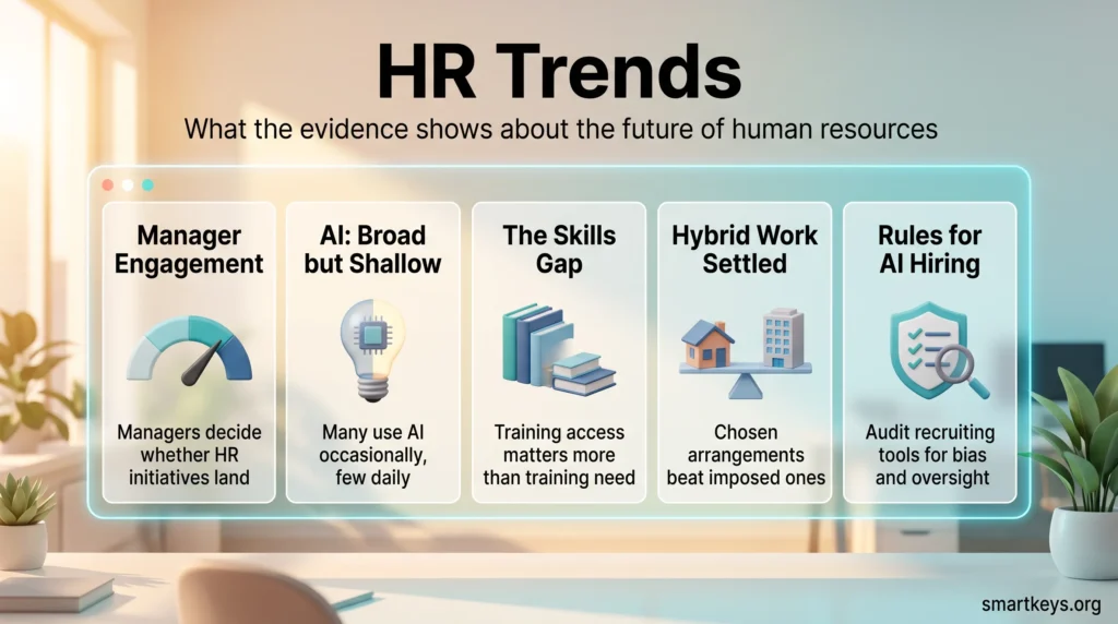 Infographic on HR trends showing five evidence-based shifts: manager engagement, AI adoption, the skills gap, hybrid work and rules for AI hiring.