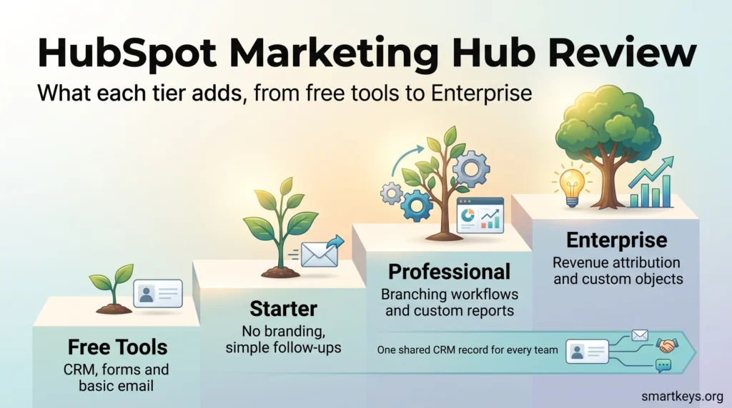 HubSpot Marketing Hub review infographic: a staircase from free tools and Starter to Professional workflows and Enterprise attribution on one shared CRM record.