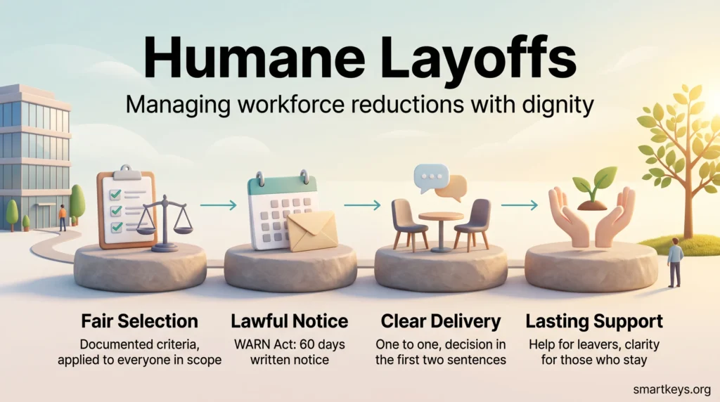 Infographic on humane layoffs showing four steps: fair selection, lawful notice, clear delivery and lasting support for leavers and remaining staff.