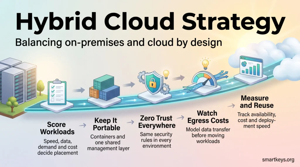Hybrid cloud strategy infographic showing five steps on a data bridge from on-premises servers to the cloud: score workloads, keep it portable, zero trust, egress costs, measure.