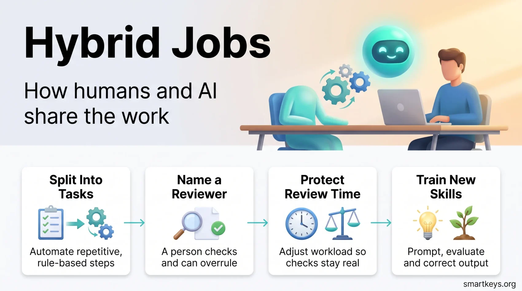 Hybrid jobs infographic showing how humans and AI share the work in four steps: split into tasks, name a reviewer, protect review time and train new skills.