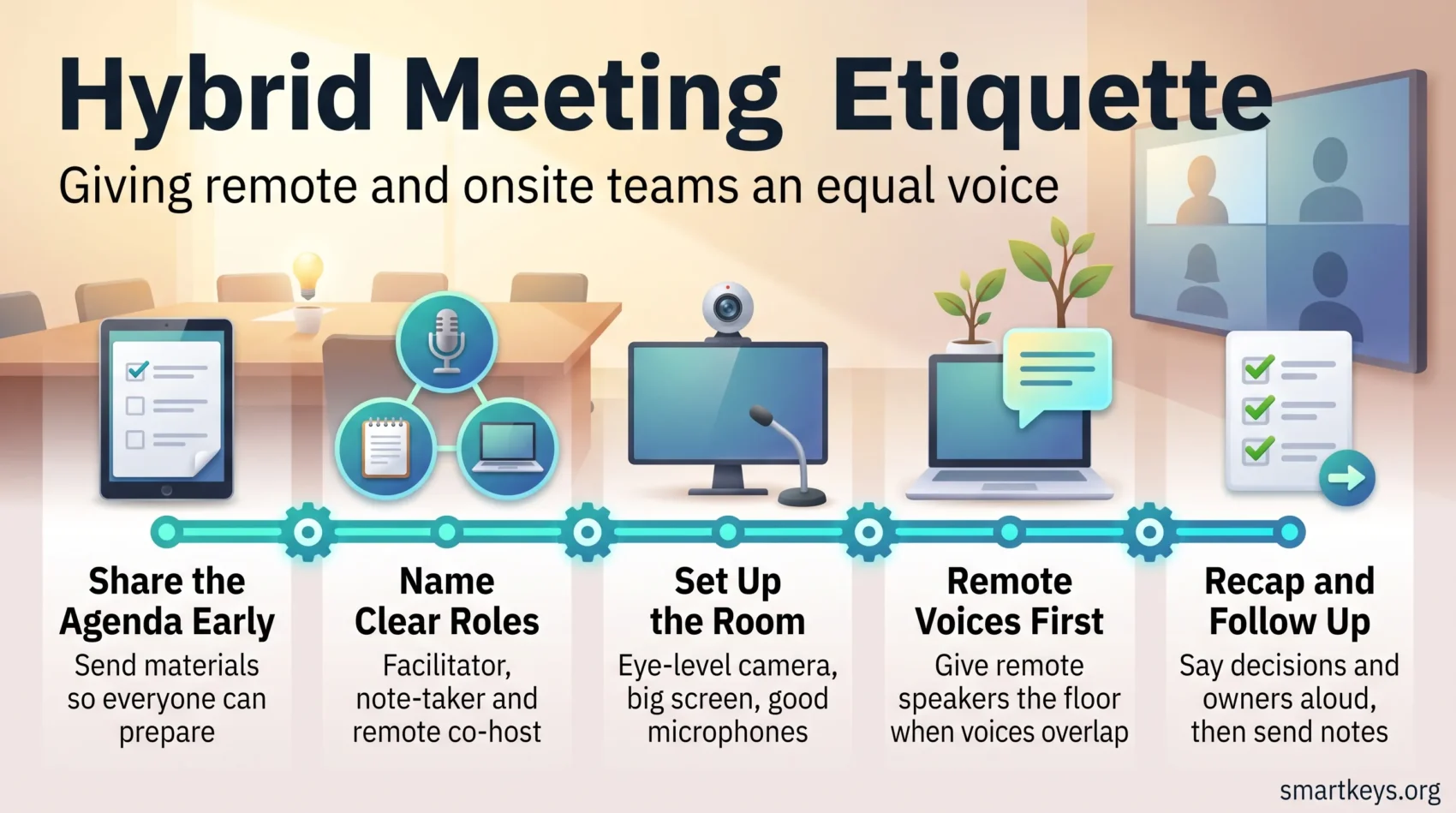 Infographic on hybrid meeting etiquette: share the agenda early, name clear roles, set up the room, put remote voices first, then recap and follow up.