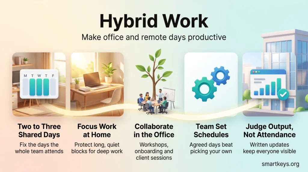 Hybrid work infographic showing five practices: two to three shared office days, focus work at home, office collaboration, team set schedules and judging output.