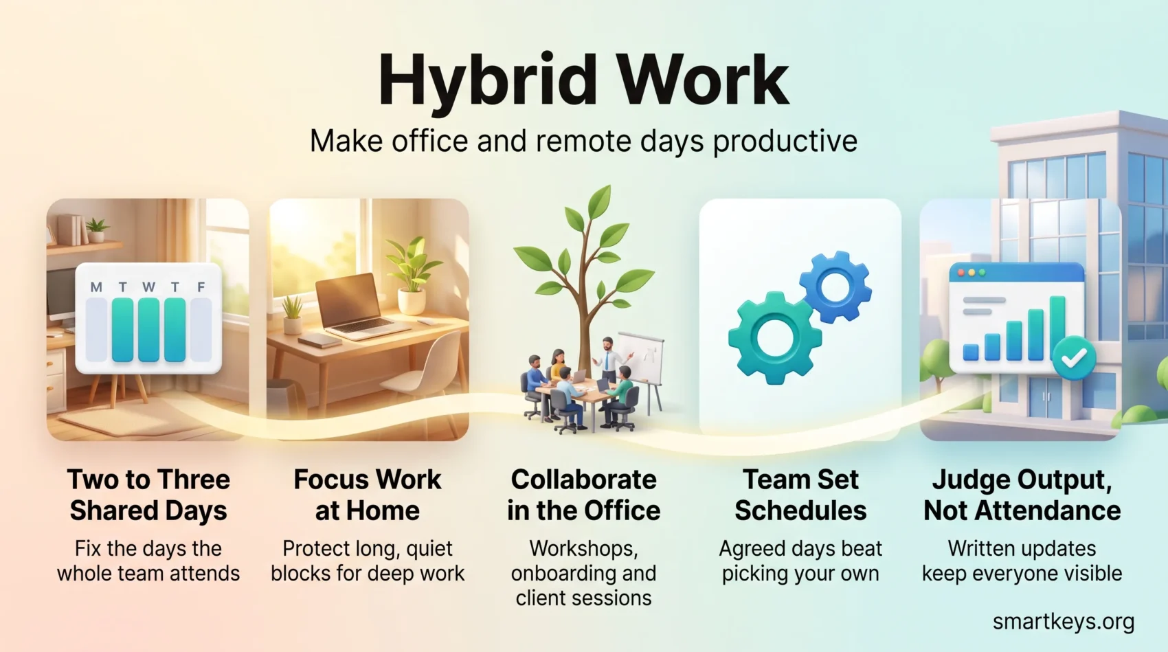 Hybrid work infographic showing five practices: two to three shared office days, focus work at home, office collaboration, team set schedules and judging output.