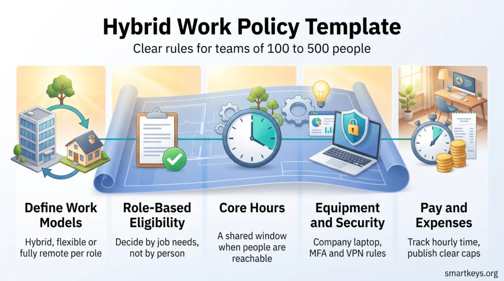 Hybrid work policy template infographic showing five steps: work models, role-based eligibility, core hours, equipment and security, and pay and expenses.