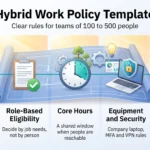 Hybrid Work Policy Template 2026 for 100 to 500 Employees Hybrid work policy template infographic showing five steps: work models, role-based eligibility, core hours, equipment and security, and pay and expenses.