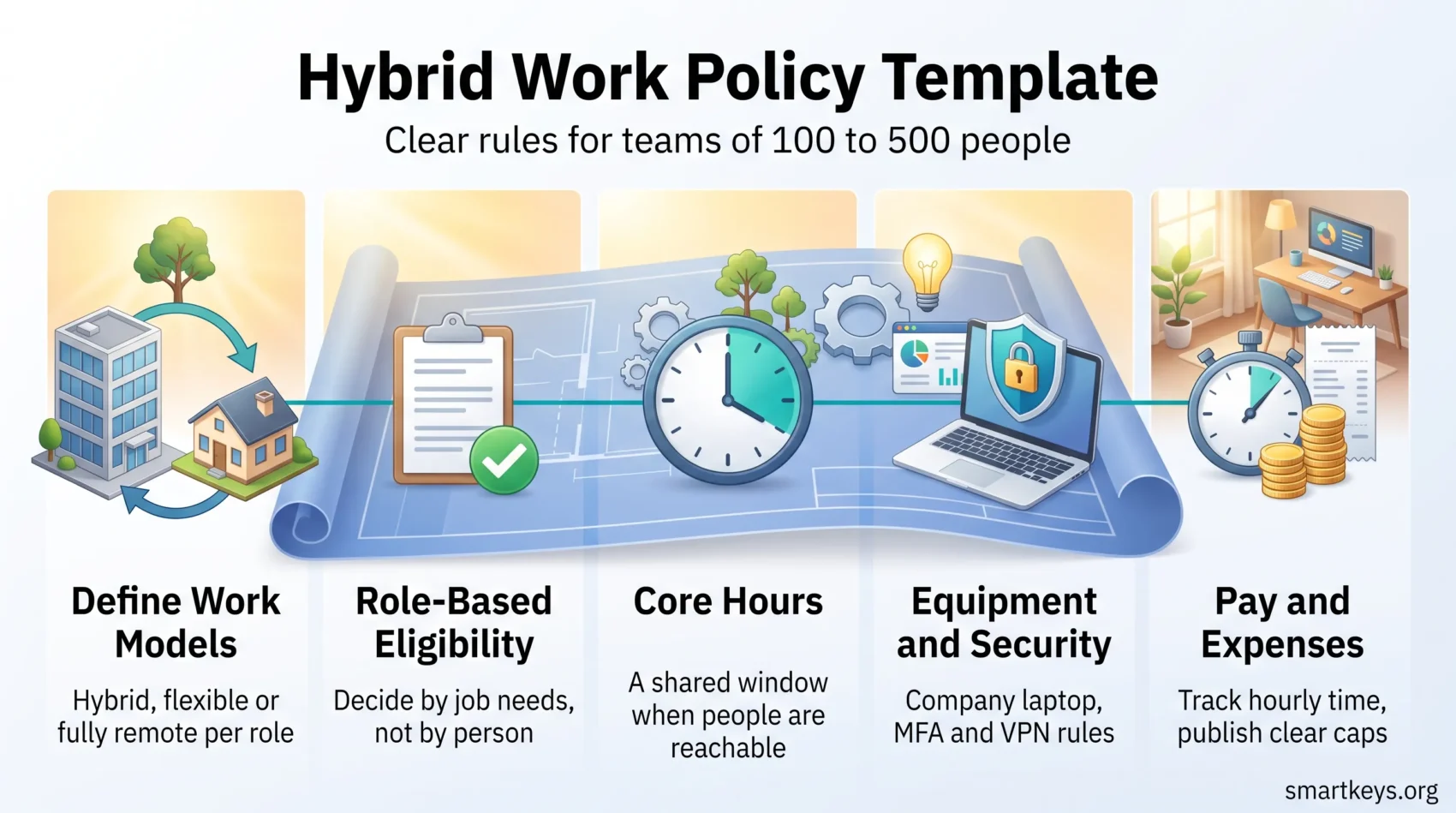 Hybrid work policy template infographic showing five steps: work models, role-based eligibility, core hours, equipment and security, and pay and expenses.