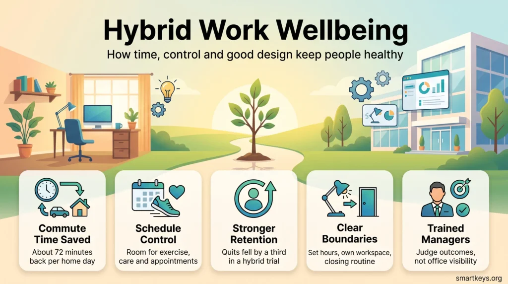 Hybrid work wellbeing infographic: a path linking home office and workplace, with commute time saved, schedule control, retention, boundaries and trained managers.