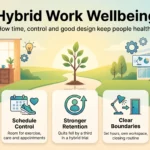 Hybrid Work Wellbeing: Schedules, Office Design and the 2026 Evidence Hybrid work wellbeing infographic: a path linking home office and workplace, with commute time saved, schedule control, retention, boundaries and trained managers.