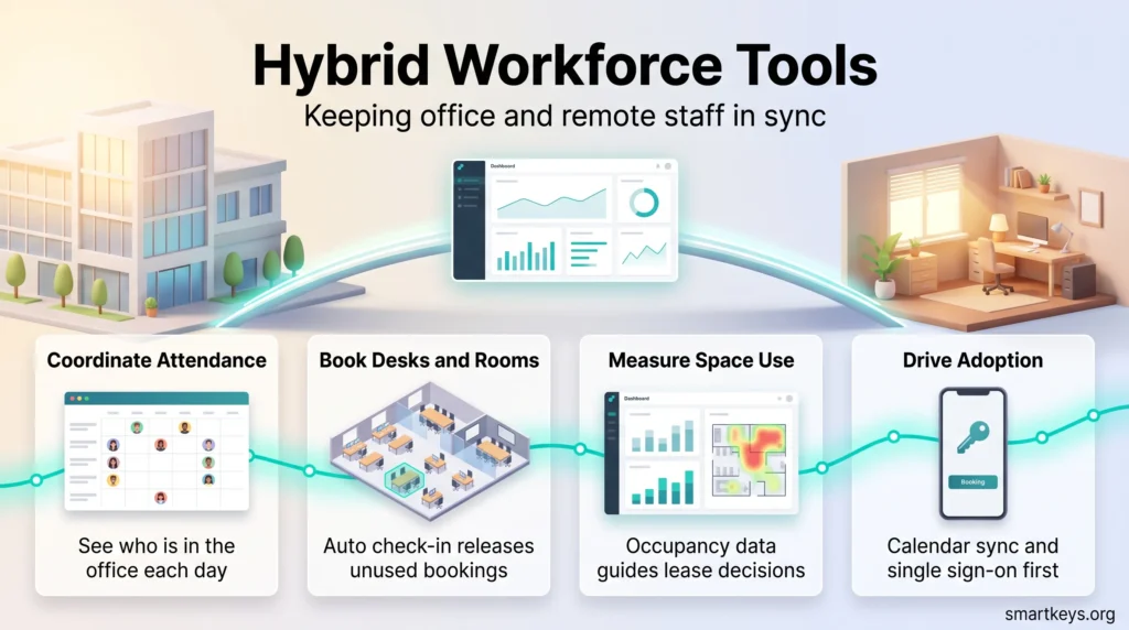 Infographic on hybrid workforce tools in four steps: coordinate attendance, book desks and rooms, measure space use and drive adoption with calendar sync.