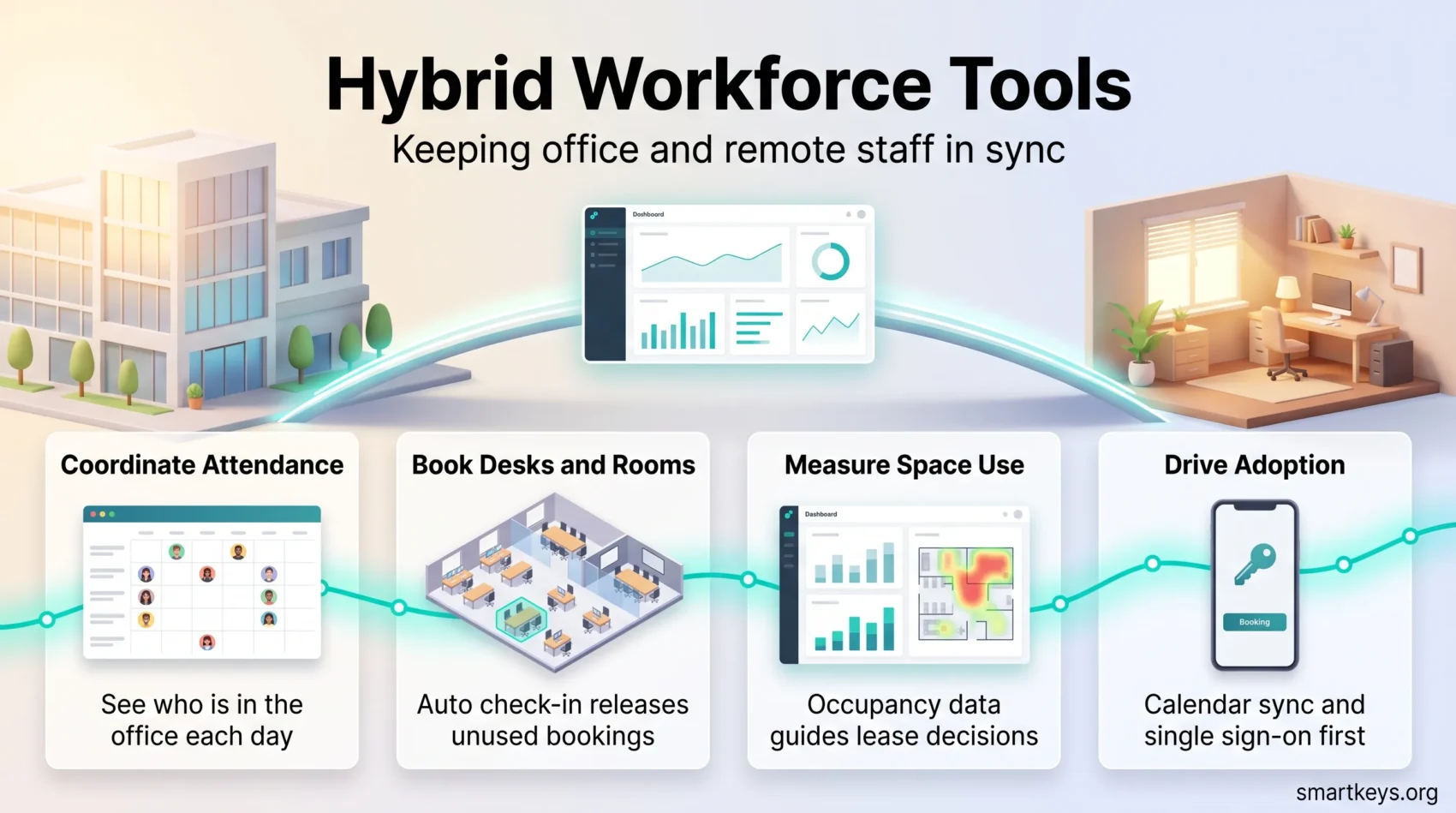 Infographic on hybrid workforce tools in four steps: coordinate attendance, book desks and rooms, measure space use and drive adoption with calendar sync.