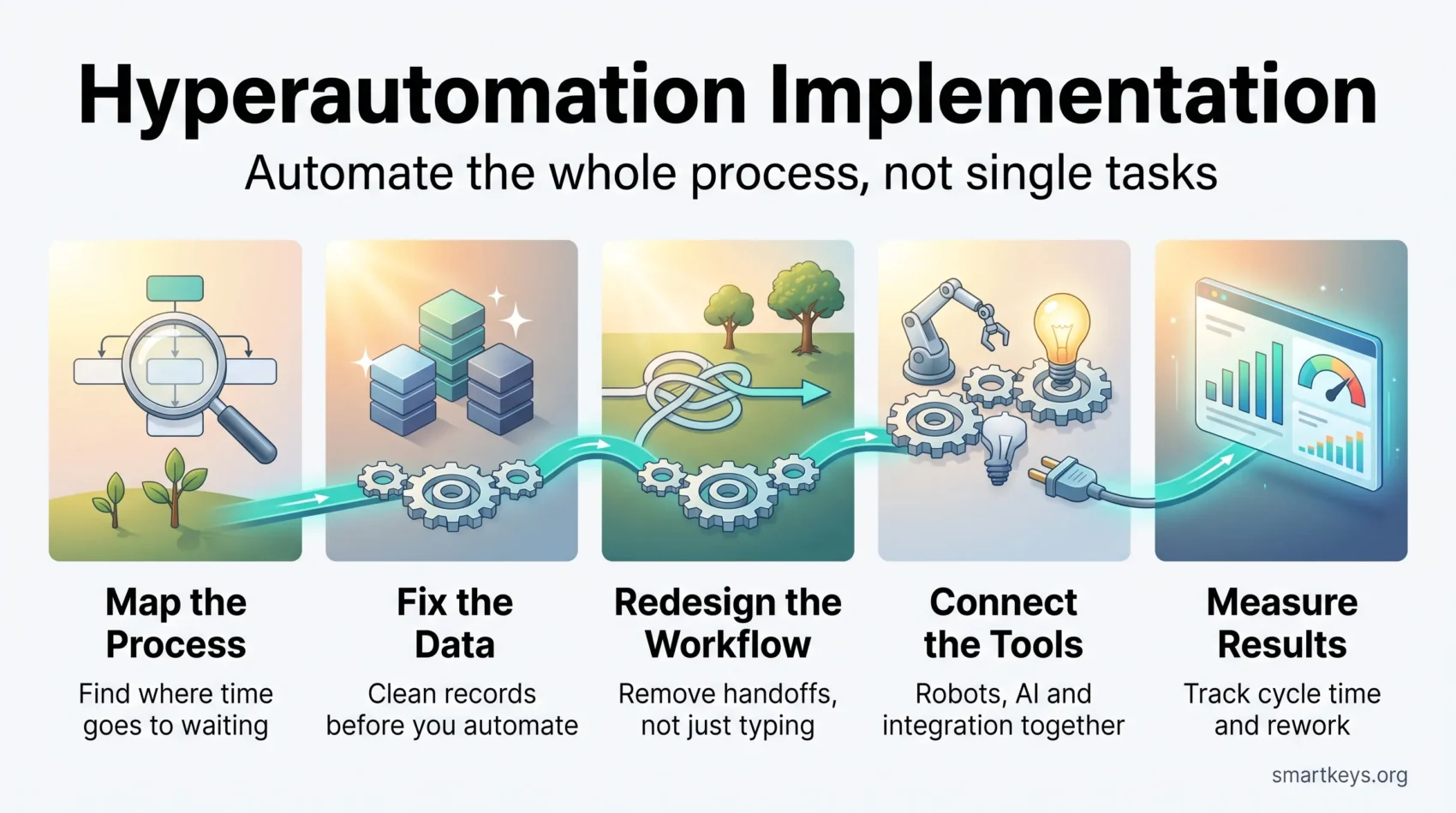 Hyperautomation implementation infographic showing five steps: map the process, fix the data, redesign the workflow, connect the tools and measure results.