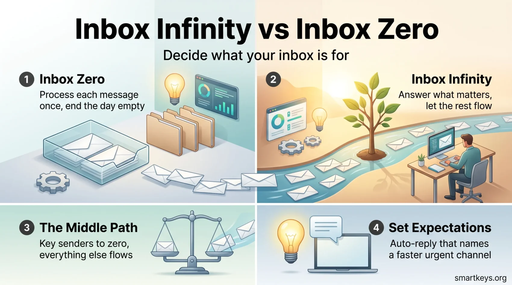 Infographic comparing Inbox Zero and Inbox Infinity, plus the middle path of key senders to zero and an auto-reply that sets expectations.