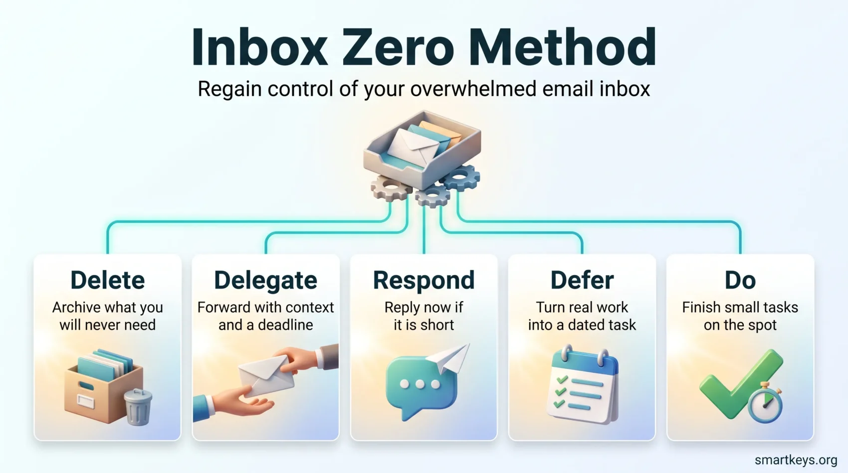 Inbox Zero method infographic showing the five email actions, delete, delegate, respond, defer and do, branching from a single inbox tray.