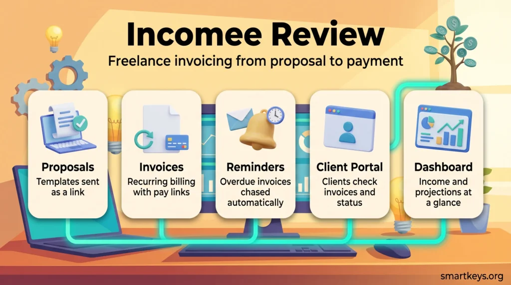 Incomee review infographic showing five freelance invoicing steps: proposals, recurring invoices, automated reminders, a client portal and an income dashboard.