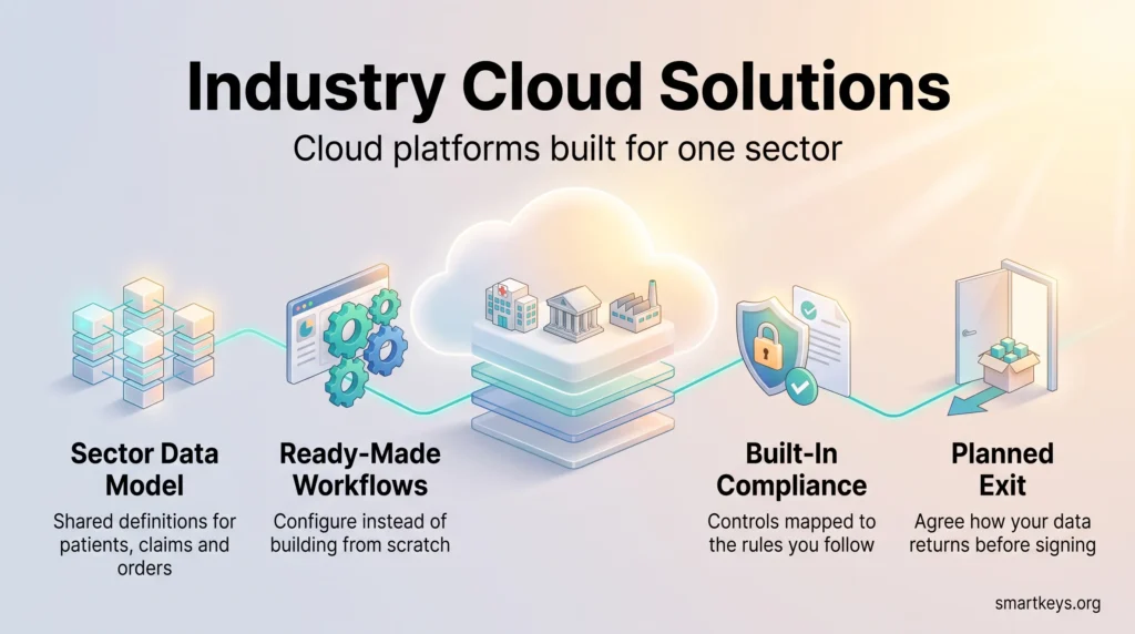 Infographic on industry cloud solutions: a sector cloud platform linking a shared data model, ready-made workflows, built-in compliance and a planned exit.