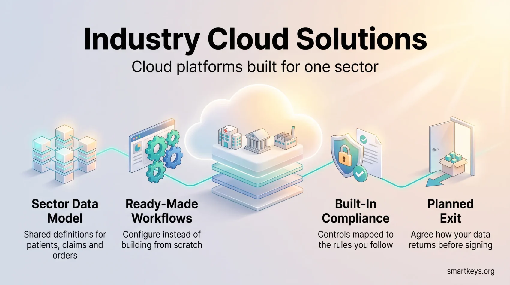 Infographic on industry cloud solutions: a sector cloud platform linking a shared data model, ready-made workflows, built-in compliance and a planned exit.