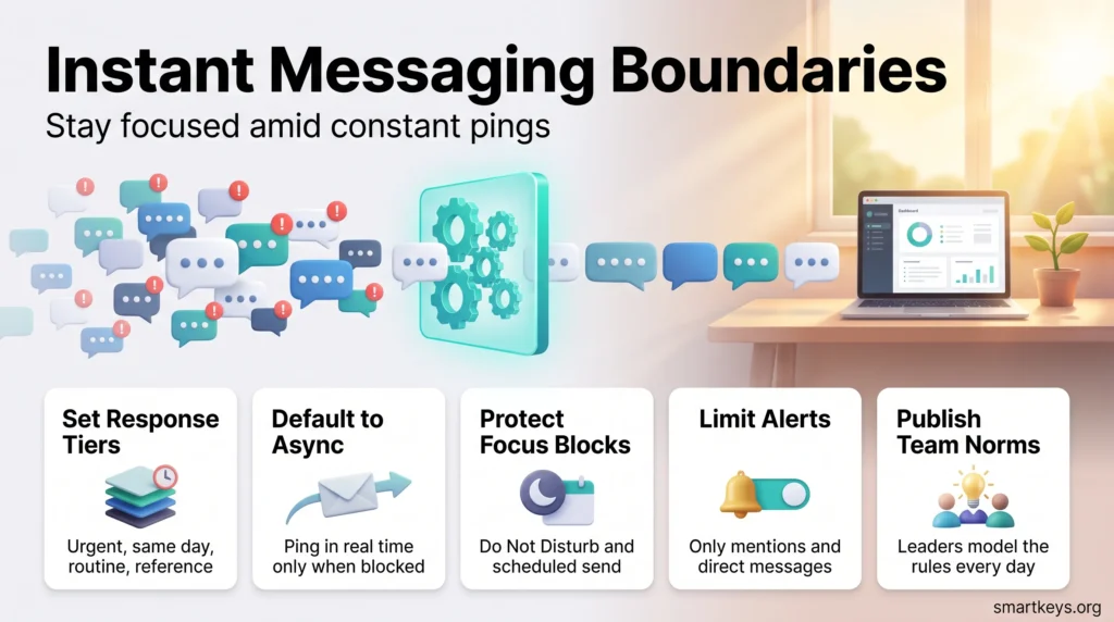 Infographic on instant messaging boundaries: response tiers, async by default, focus blocks, limited alerts and published team norms that stop constant pings.