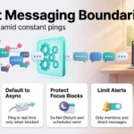 Infographic on instant messaging boundaries: response tiers, async by default, focus blocks, limited alerts and published team norms that stop constant pings.