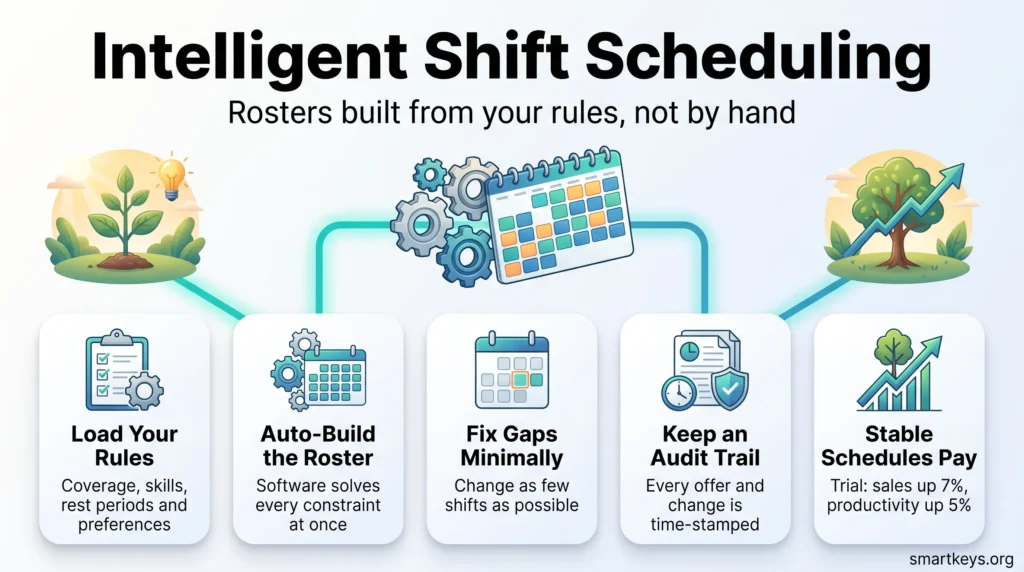 Intelligent shift scheduling infographic: five steps from loading your rules and auto-building the roster to minimal gap fixes, audit trails and stable schedules.