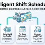 Intelligent shift scheduling infographic: five steps from loading your rules and auto-building the roster to minimal gap fixes, audit trails and stable schedules.