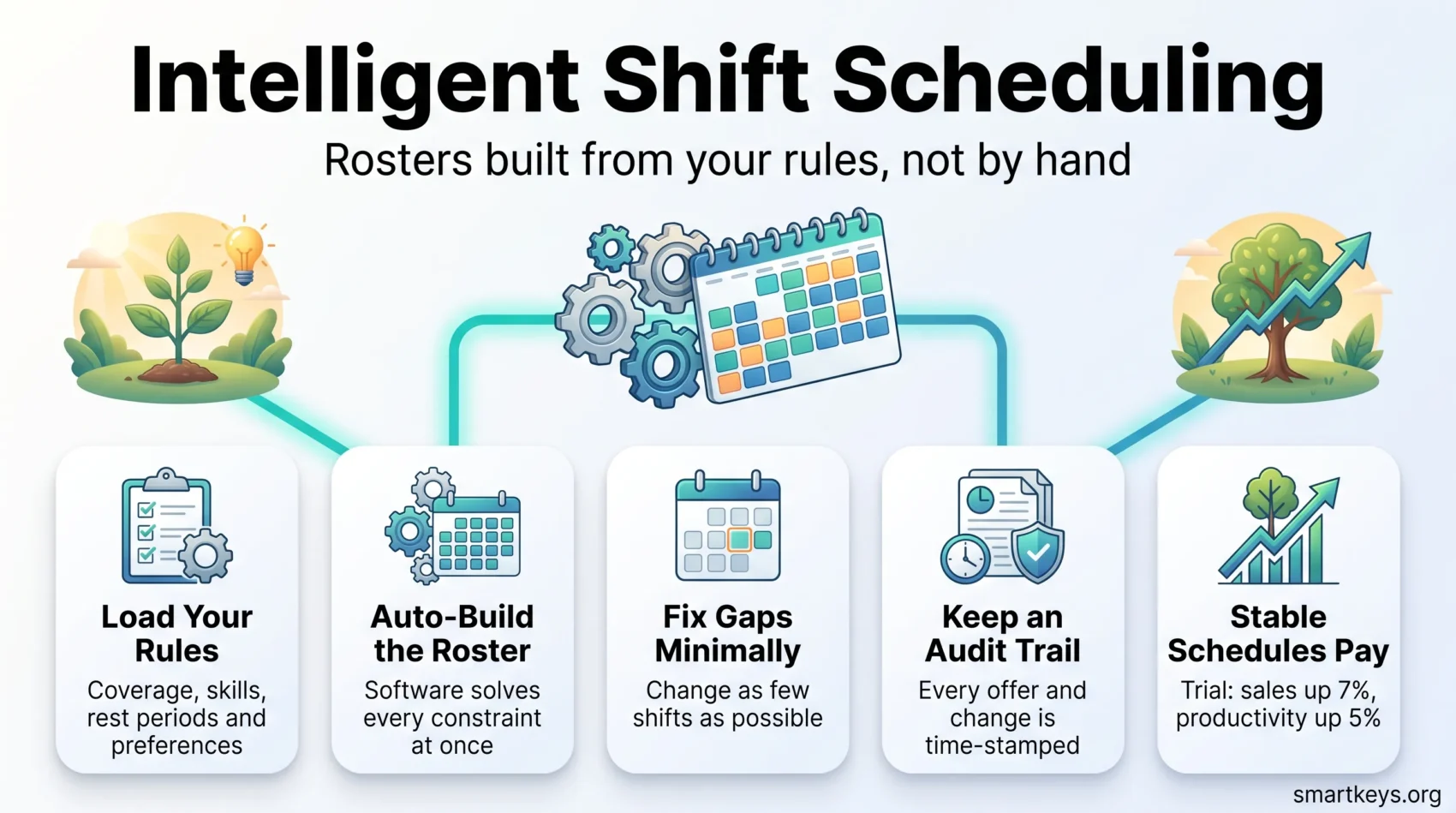 Intelligent shift scheduling infographic: five steps from loading your rules and auto-building the roster to minimal gap fixes, audit trails and stable schedules.