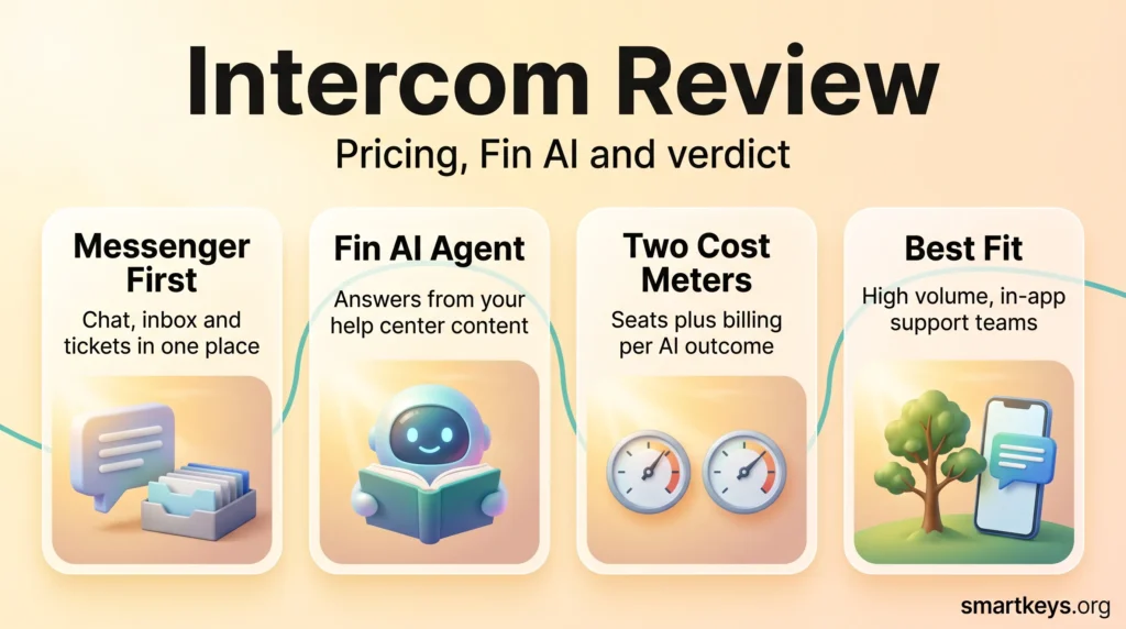 Intercom review infographic covering the messenger-first inbox, the Fin AI agent, two cost meters for seats and AI outcomes, and the best fit teams.