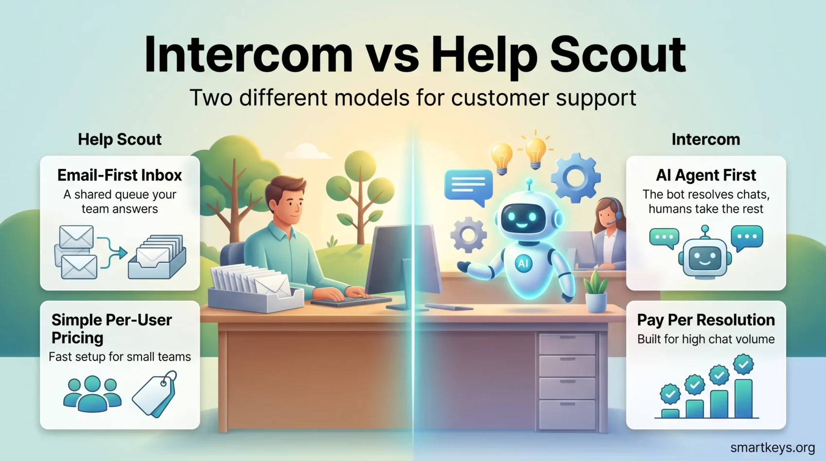 Infographic comparing Intercom vs Help Scout: an email-first inbox with per-user pricing versus an AI agent first model billed per resolution.