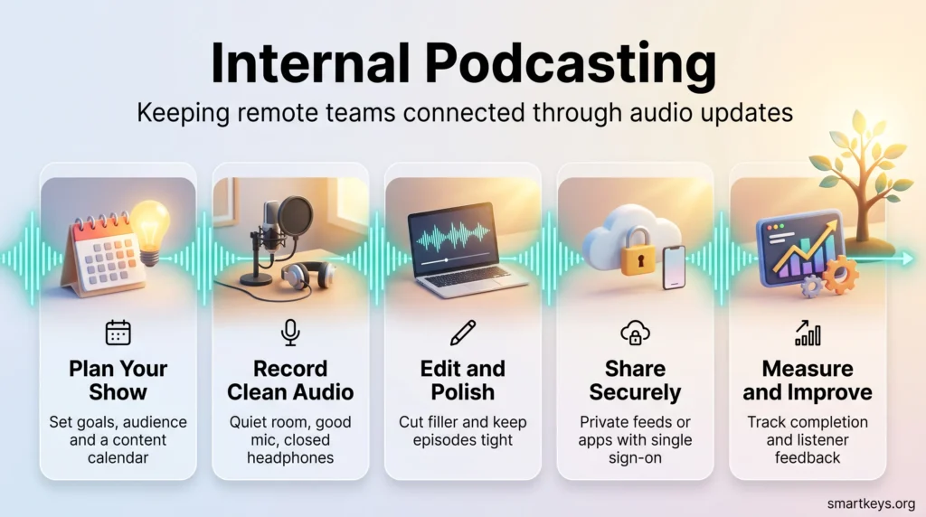 Infographic on internal podcasting for remote teams in five steps: plan the show, record clean audio, edit, share securely and measure listener feedback.