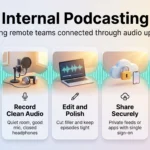 Infographic on internal podcasting for remote teams in five steps: plan the show, record clean audio, edit, share securely and measure listener feedback.