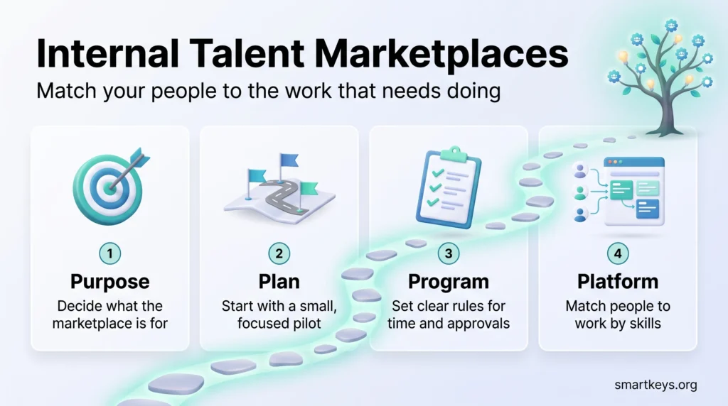 Infographic on internal talent marketplaces showing four steps, Purpose, Plan, Program and Platform, for matching employees to work by skills.