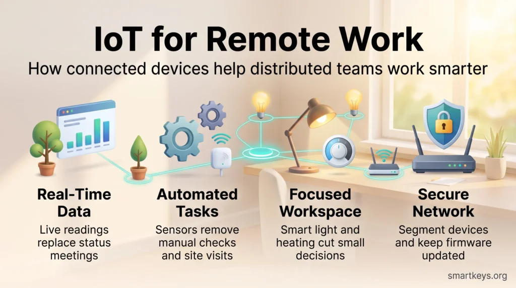 Infographic on IoT for remote work: real-time data, automated tasks, a focused workspace and a secure network linked across a home office desk.