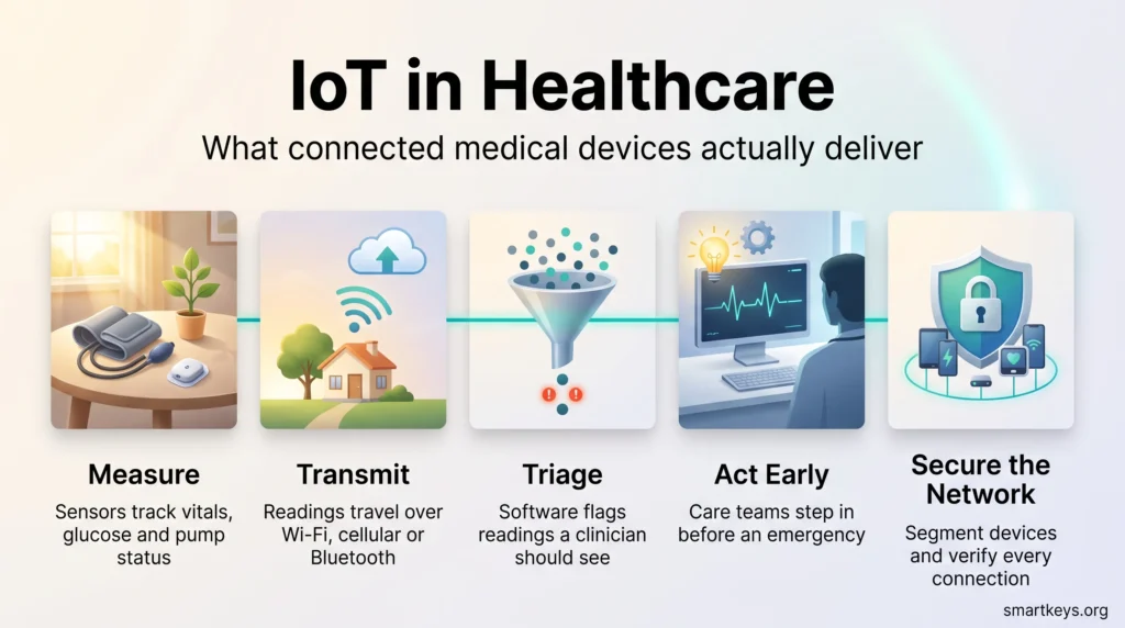IoT in healthcare infographic showing five steps: measure vitals, transmit readings, triage alerts, act early and secure the device network.