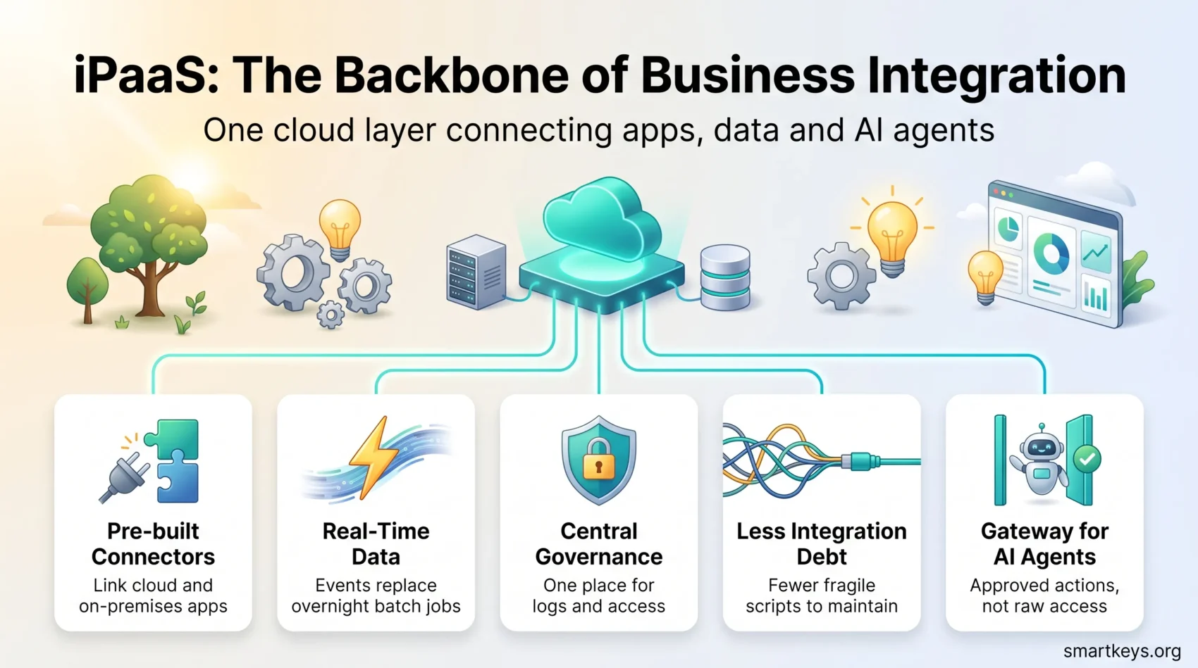 Infographic on iPaaS business integration: a cloud hub linking pre-built connectors, real-time data, central governance, less integration debt and AI agents.