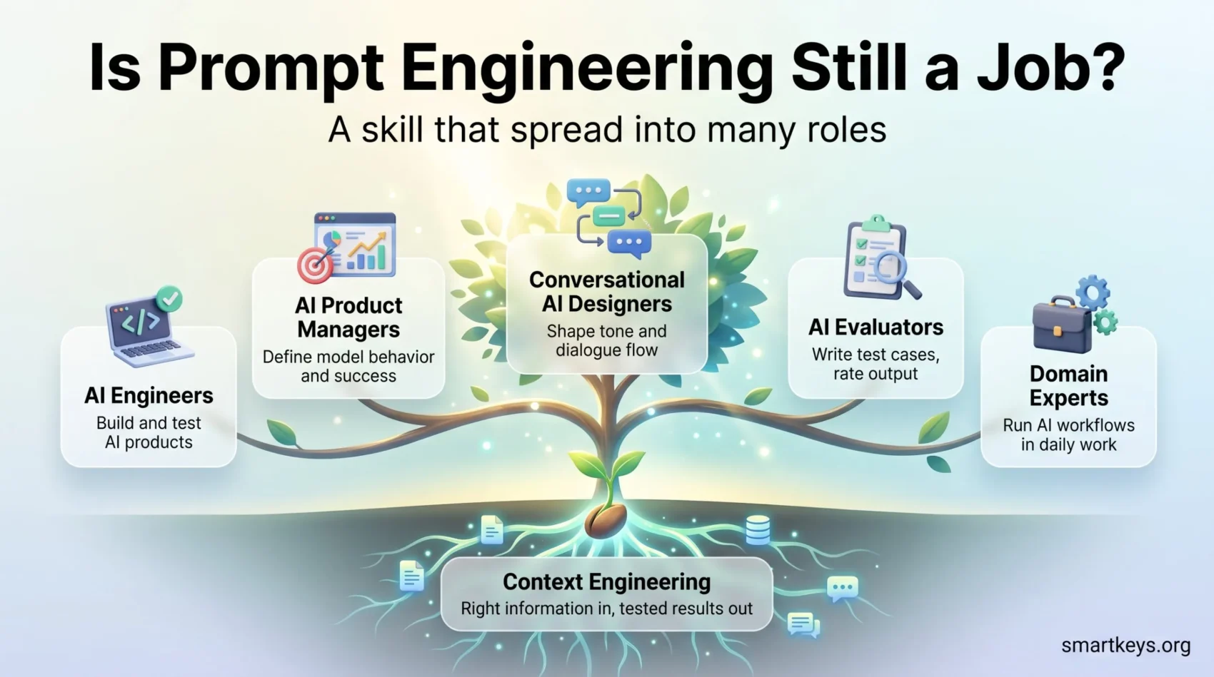 Infographic showing prompt engineering growing like a tree into five roles, from AI engineers to domain experts, rooted in context engineering.