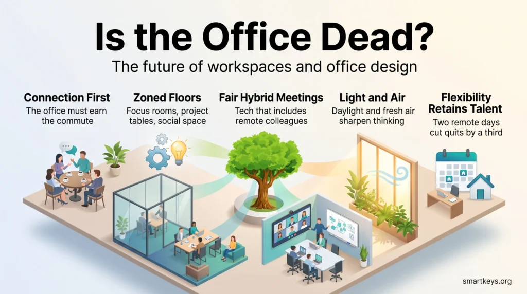 Infographic on the future of workspaces and office design: connection, zoned floors, fair hybrid meetings, light and air, and flexible schedules.