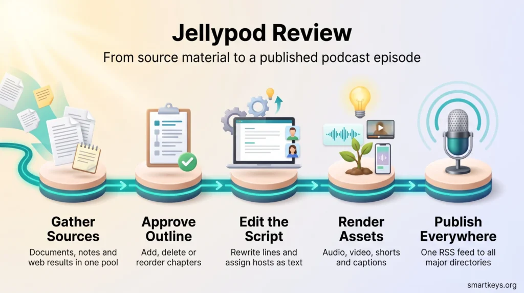 Jellypod review infographic showing the AI podcast workflow in five steps, from gathering sources and editing the script to publishing episodes.