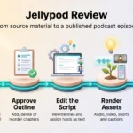Jellypod review infographic showing the AI podcast workflow in five steps, from gathering sources and editing the script to publishing episodes.
