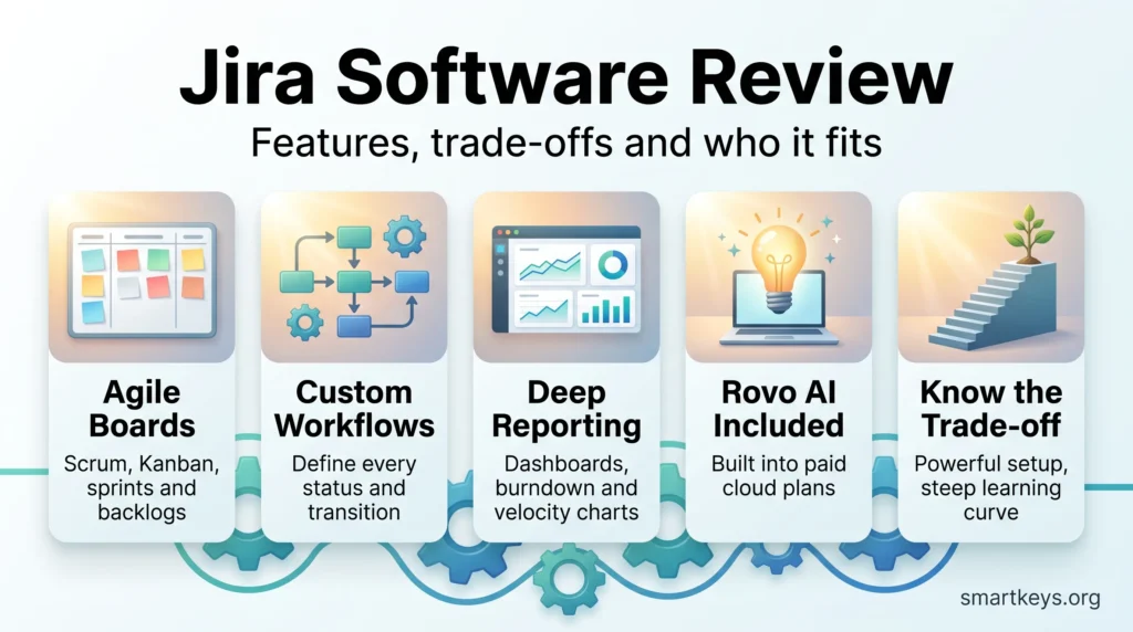 Jira Software review infographic showing agile boards, custom workflows, deep reporting, included Rovo AI and the trade-off of a steep learning curve.