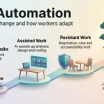 Job automation infographic showing substitutable, assisted and resistant work, plus three skill layers that help workers adapt.