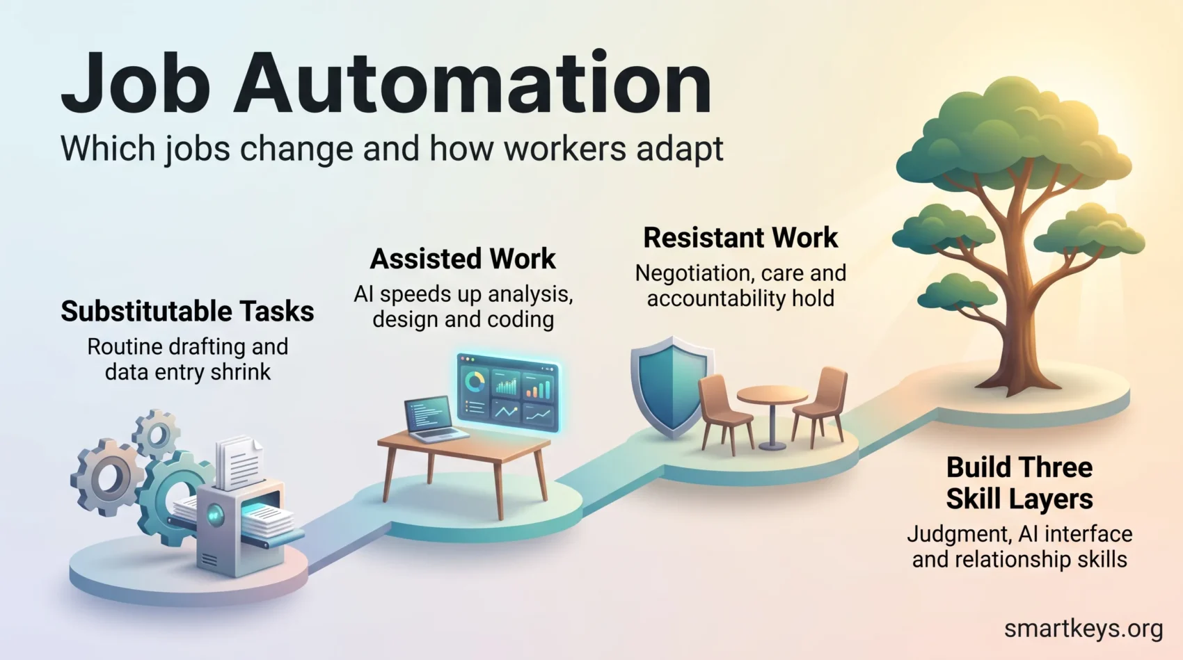 Job automation infographic showing substitutable, assisted and resistant work, plus three skill layers that help workers adapt.