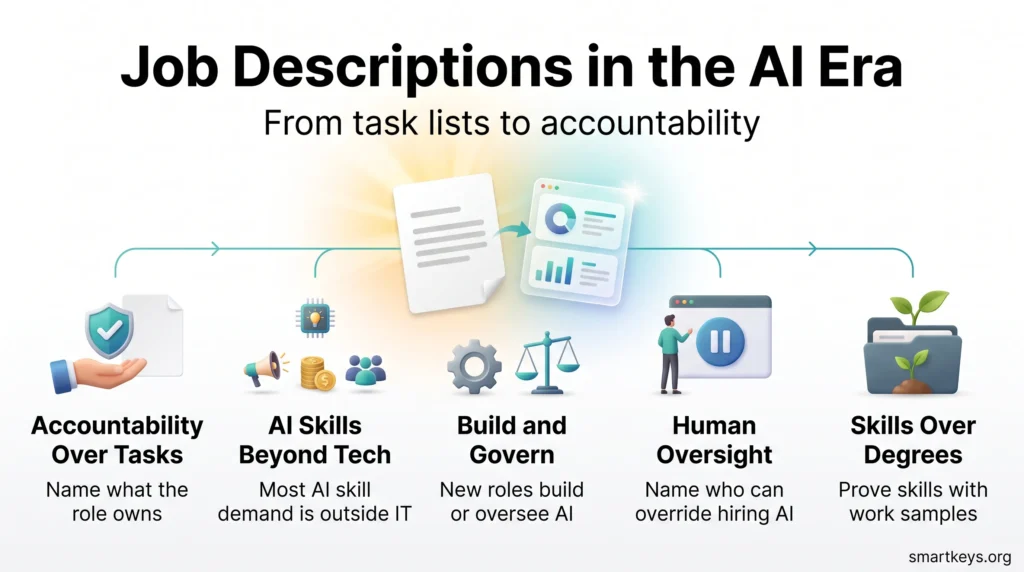 Infographic on job descriptions in the AI era: five steps from task lists to accountability, AI skills beyond tech, build and govern roles, human oversight and skills over degrees.