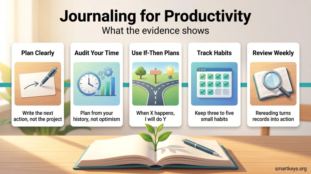 Journaling for productivity infographic with five steps: plan clearly, audit your time, use if-then plans, track habits and review weekly.