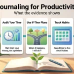 Journaling for productivity infographic with five steps: plan clearly, audit your time, use if-then plans, track habits and review weekly.
