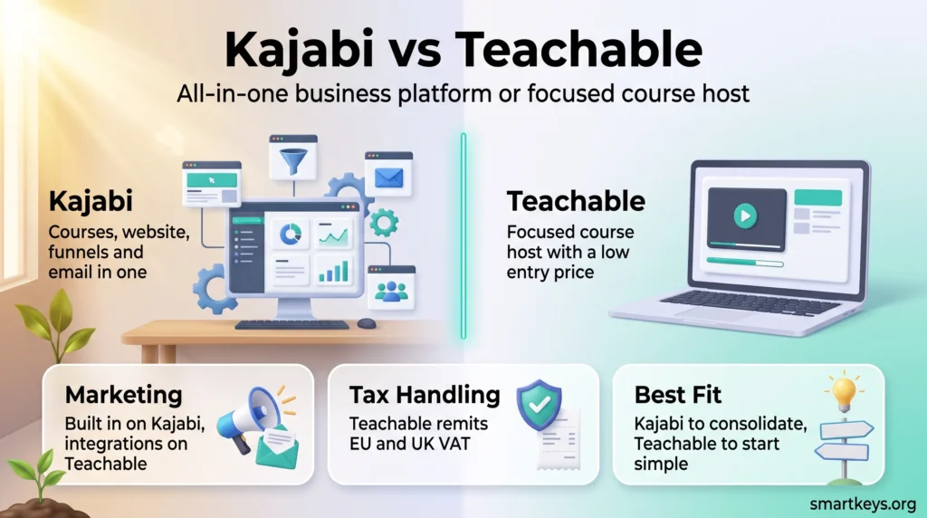 Kajabi vs Teachable infographic comparing an all-in-one course business platform with a focused course host on marketing, VAT handling and best fit.