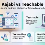 Kajabi vs Teachable 2026: Pricing, Features and Verdict Kajabi vs Teachable infographic comparing an all-in-one course business platform with a focused course host on marketing, VAT handling and best fit.