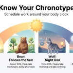 Know Your Chronotype: Schedule Work Around Your Body Clock Infographic of the four chronotype types, Lion, Bear, Wolf and Dolphin, showing each type's share of adults and peak hours across the day