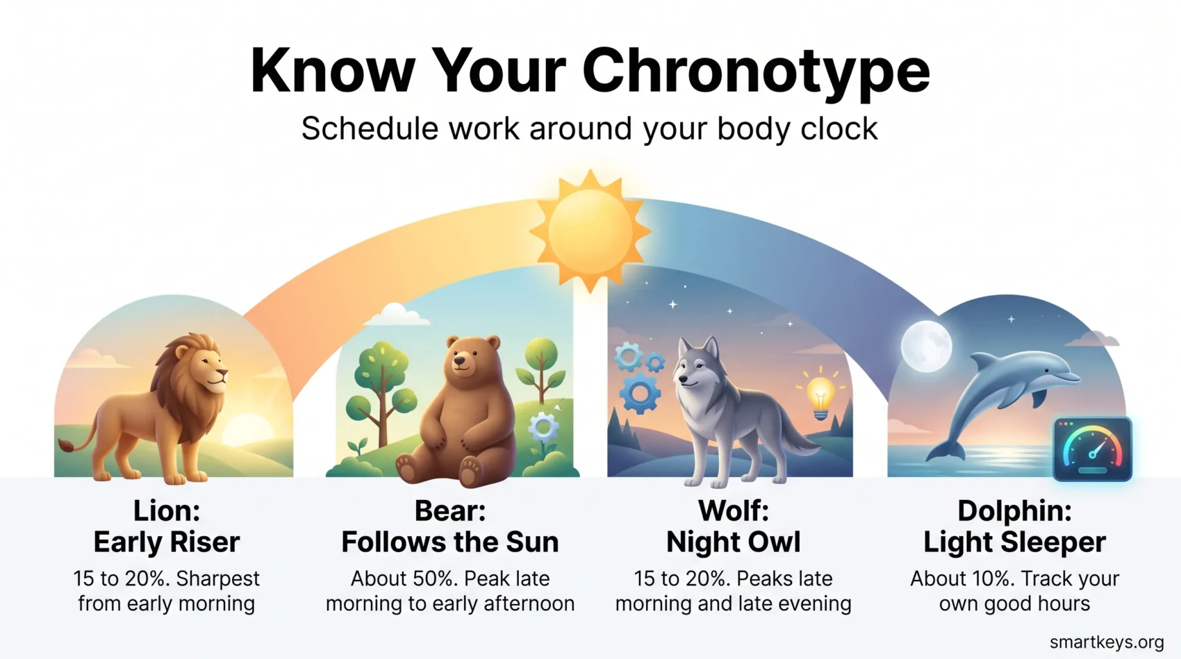 Infographic of the four chronotype types, Lion, Bear, Wolf and Dolphin, showing each type's share of adults and peak hours across the day