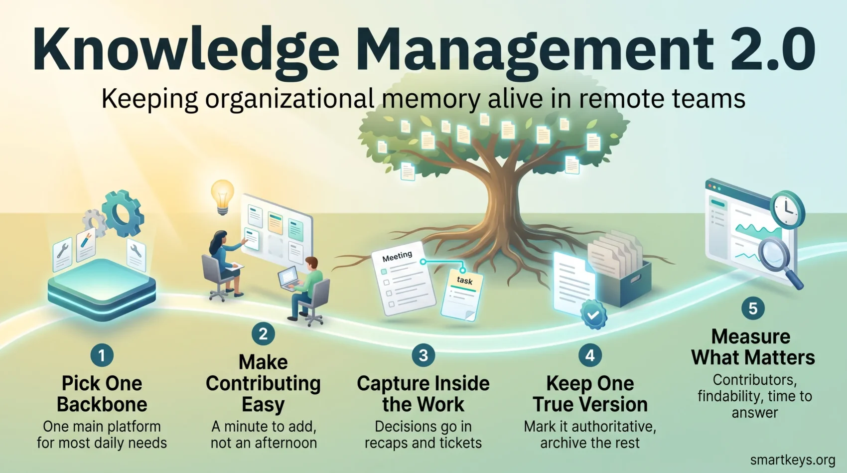 Knowledge management 2.0 infographic: a five-step path for remote teams from one backbone platform to easy contributing, capture, one true version and metrics.